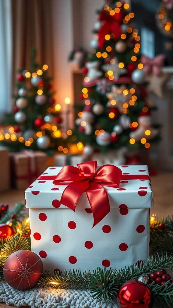 A wrapped Christmas gift box with a ribbon, surrounded by holiday decorations and a Christmas tree.
